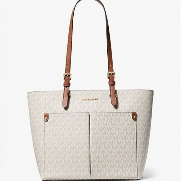 New Michael Kors Jet Set Travel Medium Double Pocket Logo Tote Vanilla - Picture 1 of 3